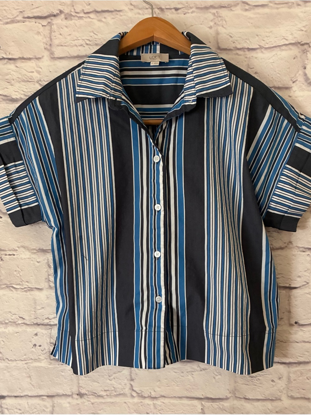 LOFT Outlet Women’s Preppy Blue and White Striped Button-Up Shirt - Medium